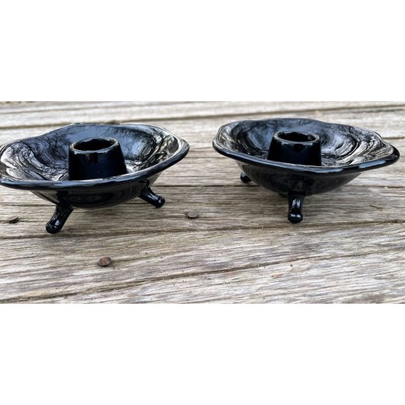 Vintage Pair Black Amethyst Glass 3 Footed Candlestick Holders - Picture 9 of 11